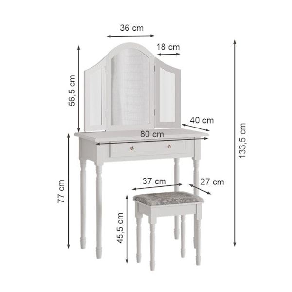 Kate sminkbord, 80 cm med pall, Vit, Vicco Vit