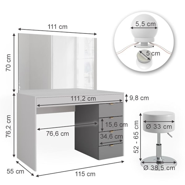 Vicco Elise sminkbord, vit/grå/vit, 115 cm med LED-belysning och pall vit/grå/vit