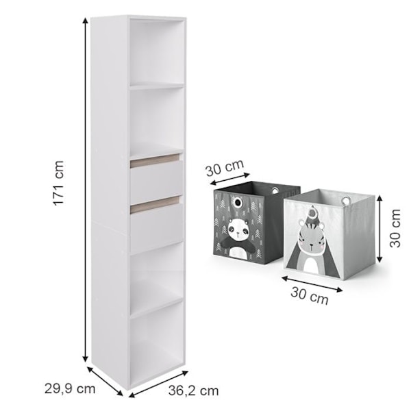 Robert barnbokhylla, 36,2x171cm med grå hopfällbara lådor, Vit, Vit, Vicco Vit, Vit