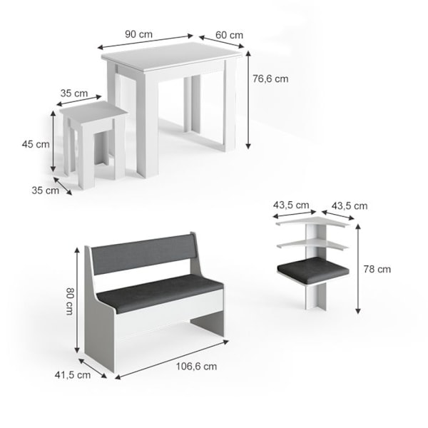 Vicco Roman hörnbänksgrupp, Vit, 150 x 41,5 cm med bord Vit, kol