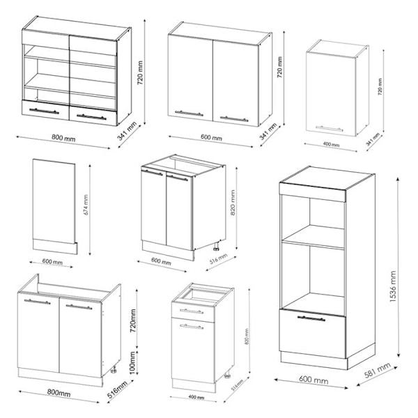 Fame-Line keittiö, 300 cm korkealla kaapilla, PT Oak, Mökki valkoinen/antrasiitti, Vicco Stuga vit/antracit, antracit