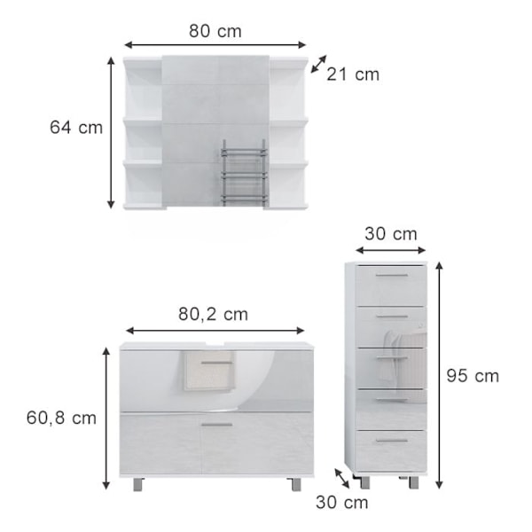 Vicco Ilias badrumsmöbelset, Vit Högglans, 3 delar, med underskåp 80 cm Vit