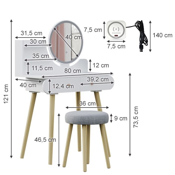 Vicco Edda peilipöytä, valkoinen, 80 cm LED peilillä ja QI latausasemalla Vit