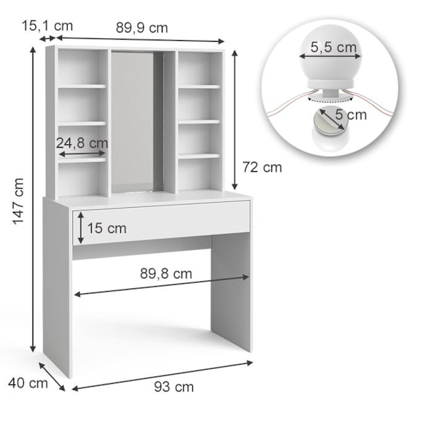 Vicco Alexa peilipöytä, valkoinen, 93 cm LED-valolla Vit