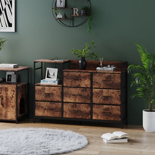 Sideboard Brian, 88x30cm med 8 lådor och USB, Ek, Svart, Vicco Ek, svart