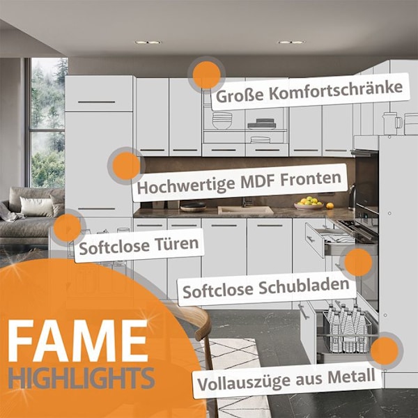 Fame-Line kök, 300 cm, PT Marmor, Country vit/vit, Vicco Country vit/vit, Vit