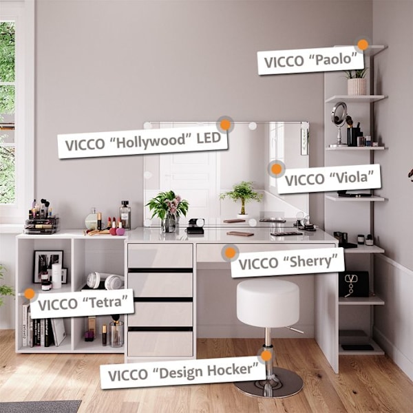 Sherry sminkbord, 120 cm med LED-belysning och pall, Vit, Vicco