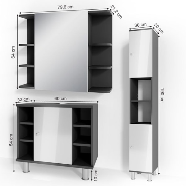 Vicco Fynn kylpyhuonesäilytysyksikkö, antrasiitti, 3 osaa, korkealla kaapilla Antracit, Vit Högglans