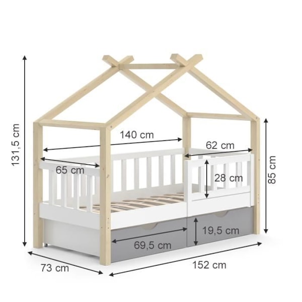 VitaliSpa Design barnsäng 70x140 naturvit grå Naturlig-vit-grå