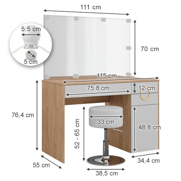 Vicco Adela sminkbord, Vit, 115 cm med LED-belysning och pall Vit