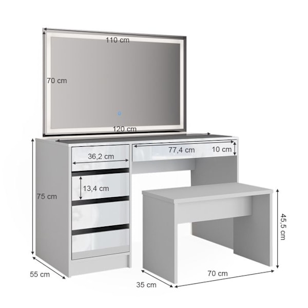 Vicco Sherry sminkbord, Högblank vit, 120 cm med LED-spegel och bänk Vit Högglans