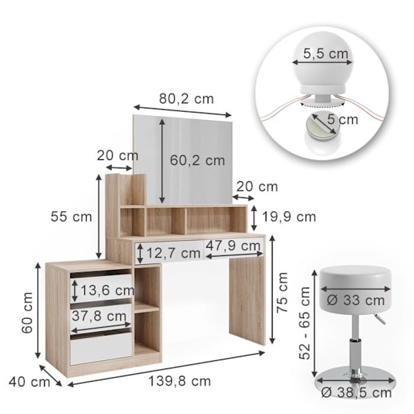 Vicco Anja sminkbord, Vit/Sonoma, 139,8 cm med LED-belysning och pall Vit/Sonoma