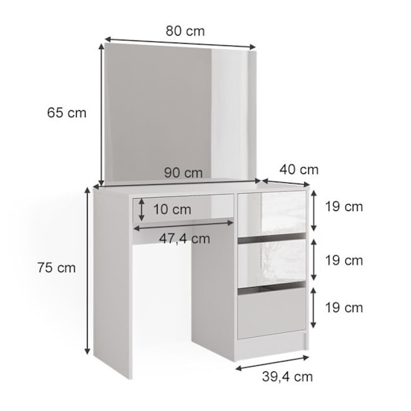 Vicco Sherry peilipöytä, kiiltävä valkoinen, 90 cm Vit Högglans