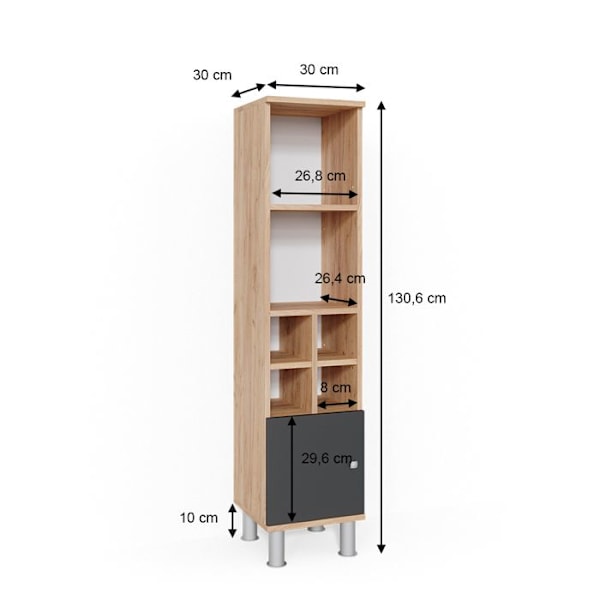 Fynn badrumsförvaring, 30 x 130,6 cm liten dörr, antracit, Vicco Antracit, gyllene ek