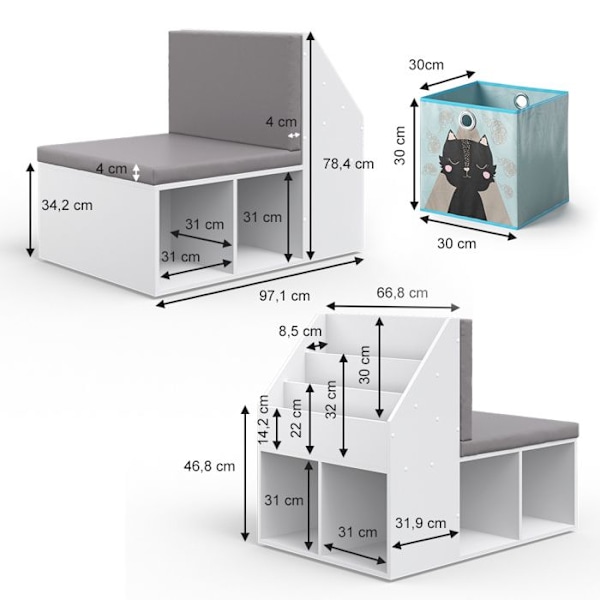 Vicco Onix barnbokhylla, Vit, 97,1 x 78,4 cm med 6 opt.2 vikbara lådor Grå, Grå