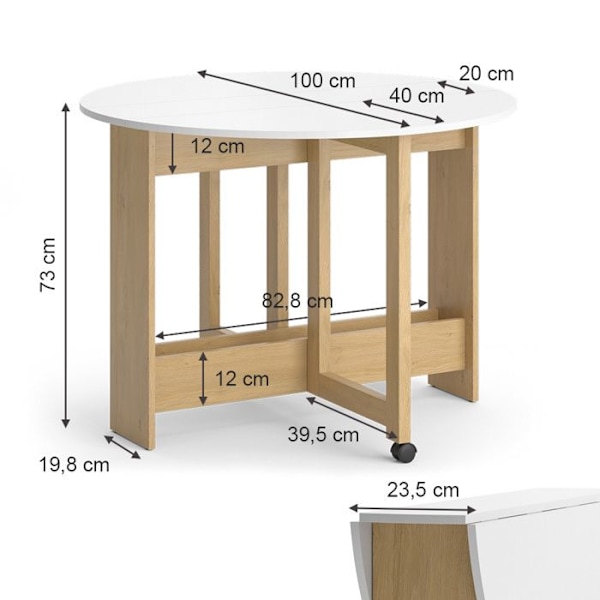 Rondo spisebord, 100 x 100 cm sammenklappeligt, Gyldent eg/hvid, Vicco