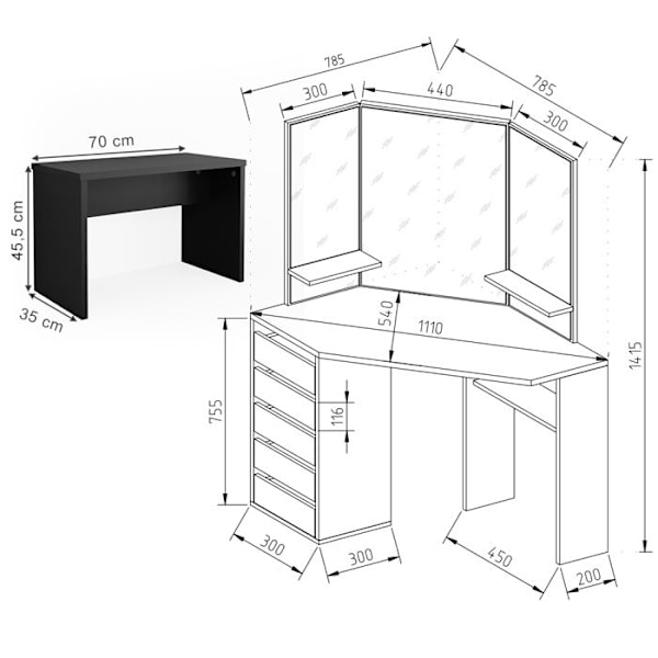 Vicco Arielle sminkbord, Svart, 110 cm med bänk Svart