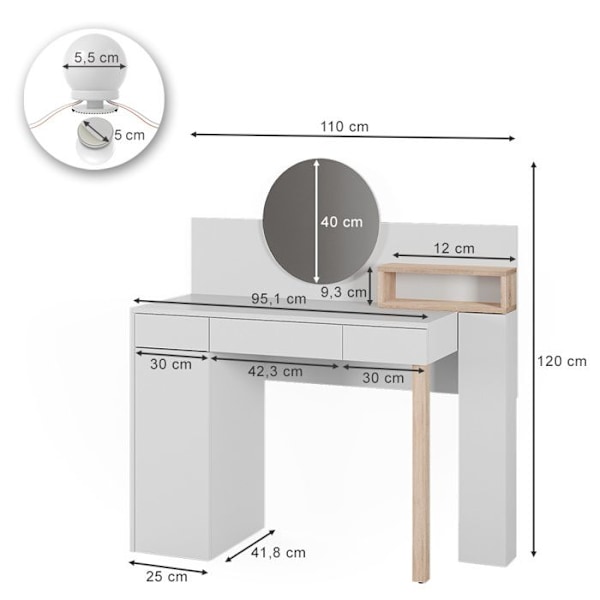 Vicco Olivia sminkbord, Vit, 110 cm med LED-belysning Vit, Sonoma