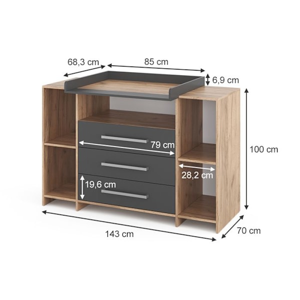 Vicco Oskar hoitoarkku, Kultainen tammi, 143 x 100 cm XL laatikoilla Ek, ek