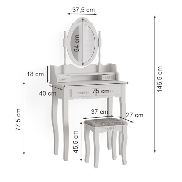 Vicco Meghan sminkbord, Vit, 75 cm med pall Vit