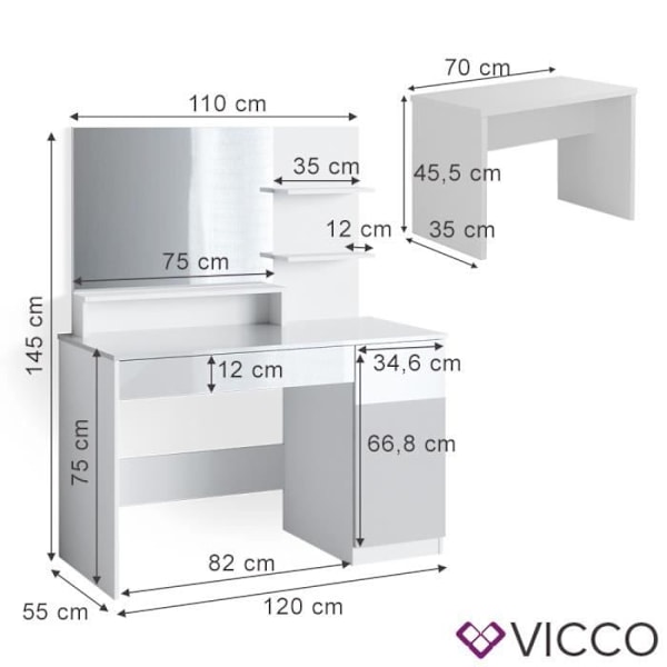 Vicco Elisa peilipöytä, meikkipöytä, peilipöytä ja penkki Vit