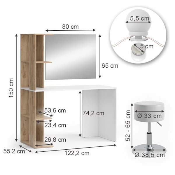 Torntoalettbord, 122,2 cm med belysning och pall, Vit/Sonoma, Vicco