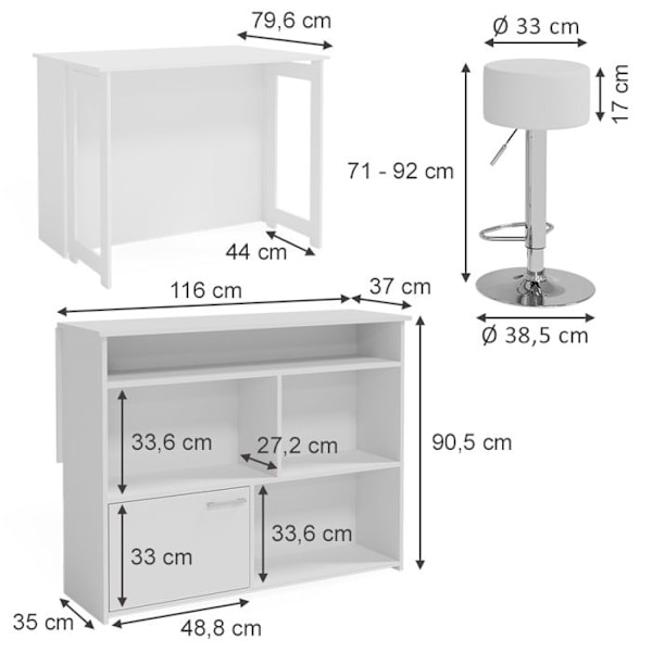 Vicco Dominic Barbordsset, Vit, 116 x 37 cm med 2 barstolar Vit