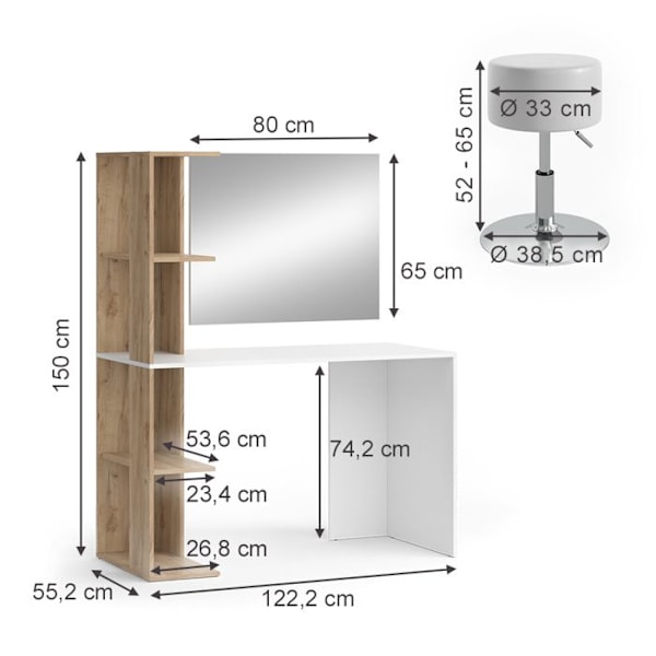 Tower peilipöytä, 122,2 cm jakkaralla, White/Sonoma, Vicco