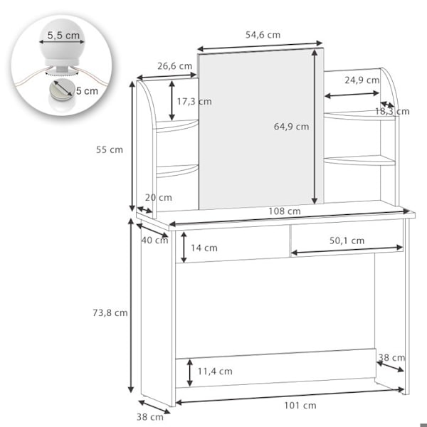 Vicco Charlotte peilipöytä, valkoinen/Sonoma, 108 cm, LED-valaistus Vit/Sonoma, Sonoma