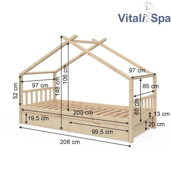 VitaliSpa Lastensänky Vierassänky Mökkisänky Luonnollinen muotoilu 90 x 200 cm Laatikot Sälepohja Naturligt trä