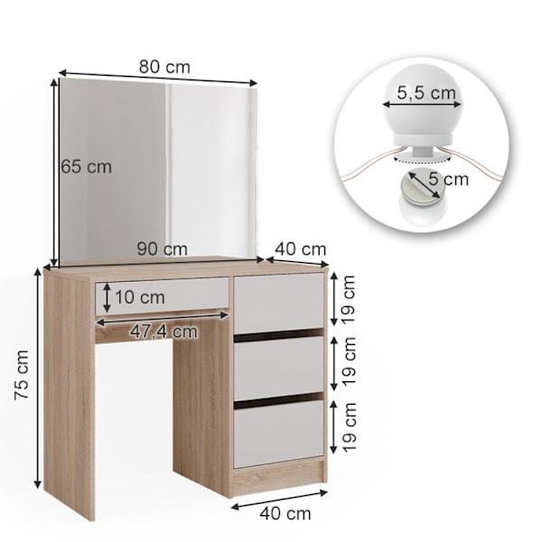 Vicco Sherry sminkbord, Sonoma, 90 cm med LED-belysning Sonoma