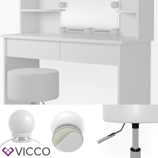 Vicco Charlotte sminkbord, Vit, 108 cm + LED och pall Vit