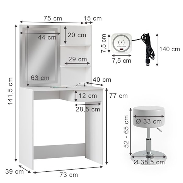 Vicco frisør dekoration, Hvid, 75 cm med LED spejl, QI oplader og stool Vit