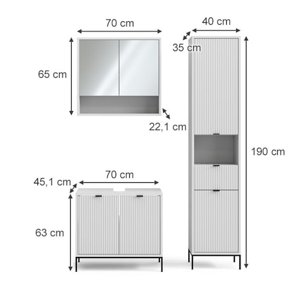 Eliza kylpyhuonekalusteet, 3 kpl, korkea kaappi, valkoinen, Vicco Vit