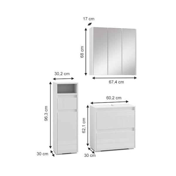 Vicco Majest badrumsförvaring, Vit, 3 delar Vit, Vit Högglans