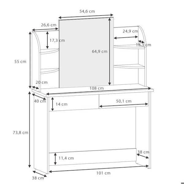 Vicco Charlotte peilipöytä, kultainen vahva tammi, 108 cm peilillä Gyllene kraft ek