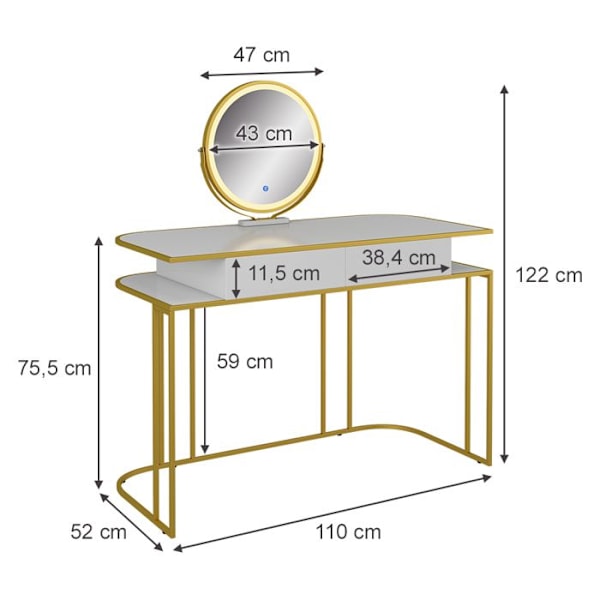 Vicco coiffeuse Tiara, Hvid/Gold, 110 cm Vitt guld