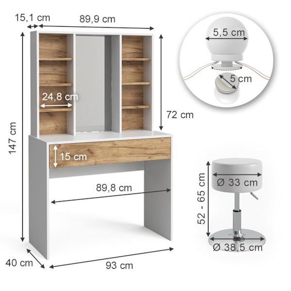 Vicco Alexa sminkbord, Ek guld/vit, 93 cm med LED-belysning och pall Gyllene/vit ek