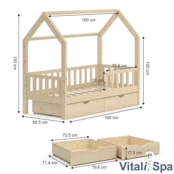 VitaliSpa Wiki barnsäng, kabinsäng, lekplatssäng, 80 x 160, madrass ingår, 2 lådor naturlig, transparent lack