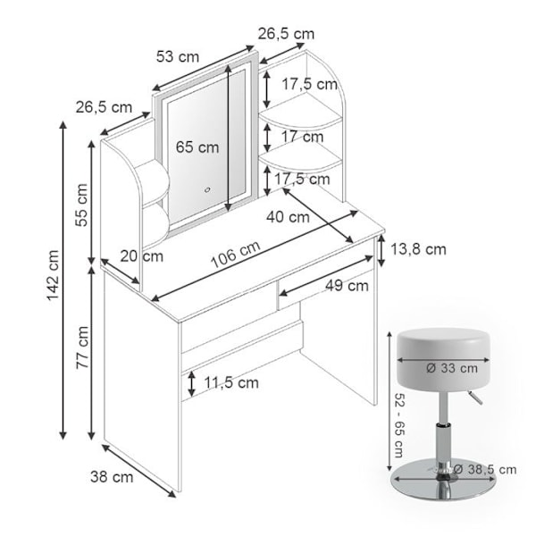 Vicco Charlotte peilipöytä, valkoinen, 106 cm, LED-peili ja jakkara Vit