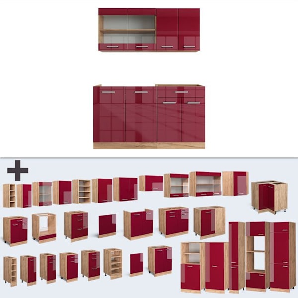Vicco R-Line keittiö, kiiltävä viininpunainen/kultatammi, 140 cm ilman työtasoa Strålande vinrött/gyllene ek, gylle