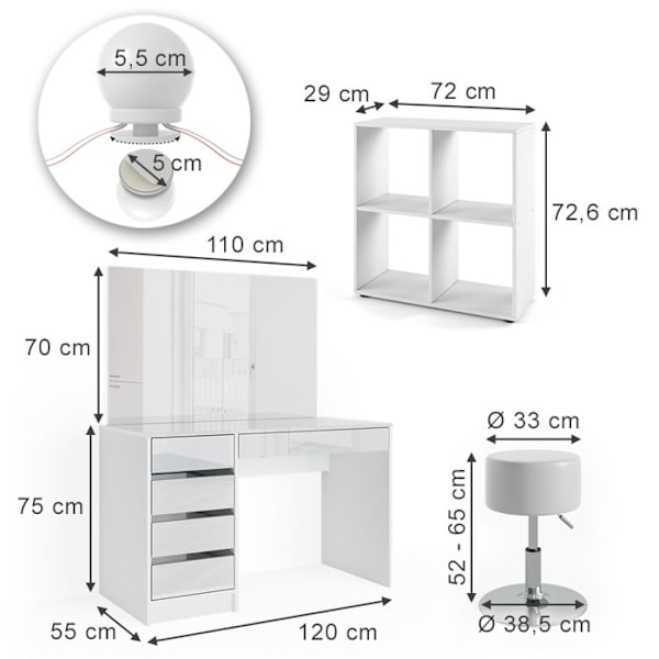 Vicco Sherry Sminkbord, Vit Högglans, cm 4 st, med stående hylla, spegel, pall, LED Vit, Vit