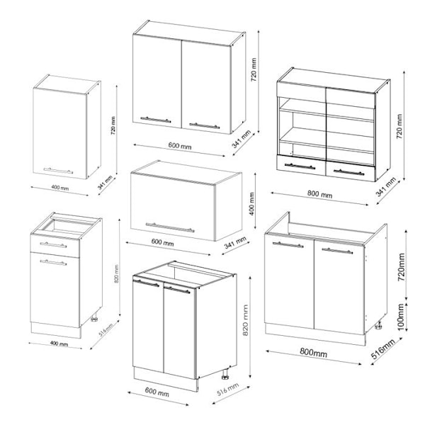 Køkken Fame-Line, 240 cm, Sort glans/ hvid, Vicco Blank svart/vit ek, Vit