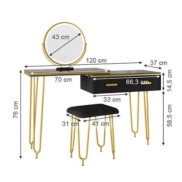 Vicco Zoey sminkbord, Högblank svart, 120 cm med LED-spegel och pall Svart