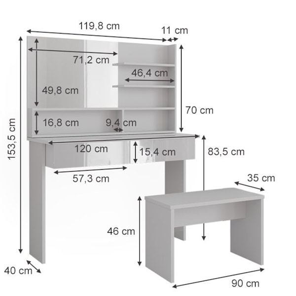 coiffeuse Azur, 120 cm med bænk, Hvid, Vicco