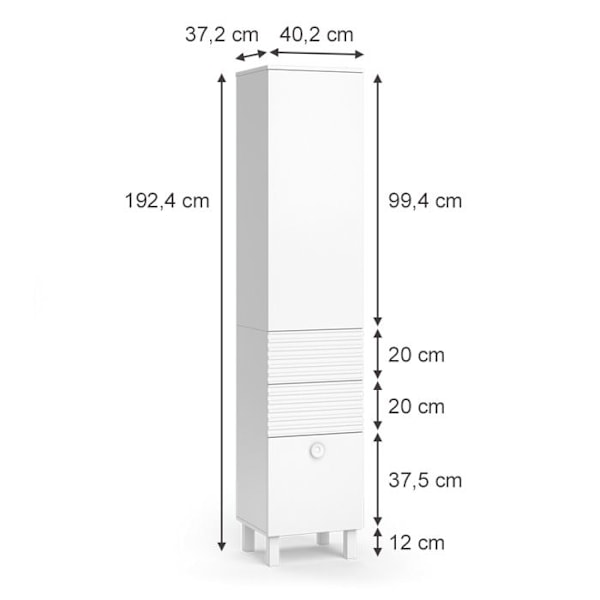 Vicco Sola kylpyhuonesäilytyskaappi, valkoinen, 40,2 x 192,4 cm ovella ja laatikoilla Vit