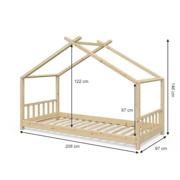 VitaliSpa Lastensänky design-talosänky 90x200 Puinen lastensänky talon makuutalosänky Naturlig, transparent lack