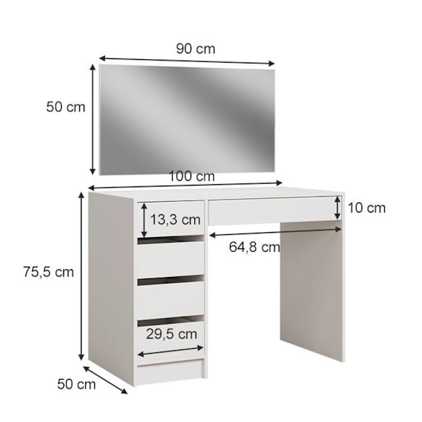 Vicco Thalia sminkbord, Vit Högblank, 100 cm med 5 lådor Vit