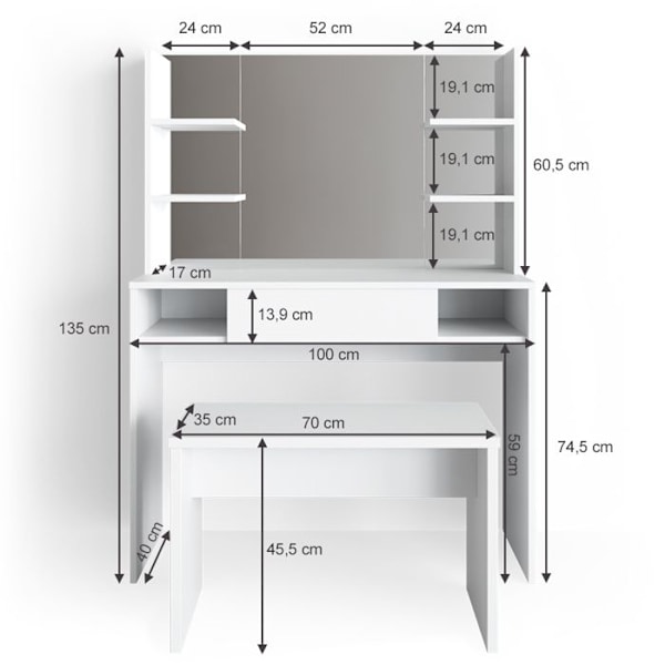 Daenerys sminkbord, 99 cm med bänk, Vit, Vicco Vit