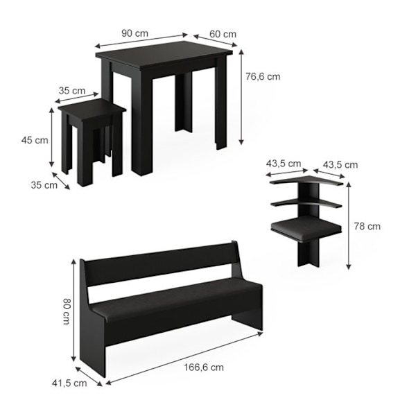 Roomalainen kulmapenkkiryhmä, 210 x 41,5 cm pöydällä, musta, Vicco Svart